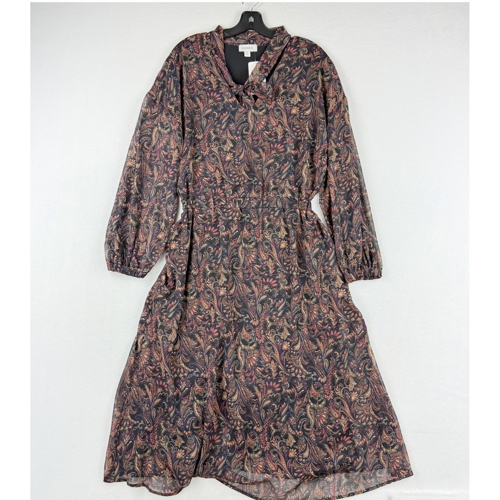 Evereve Eliza Dress Size S Women Blue Brown Paisley Tie Neck Long Sleeve Midi